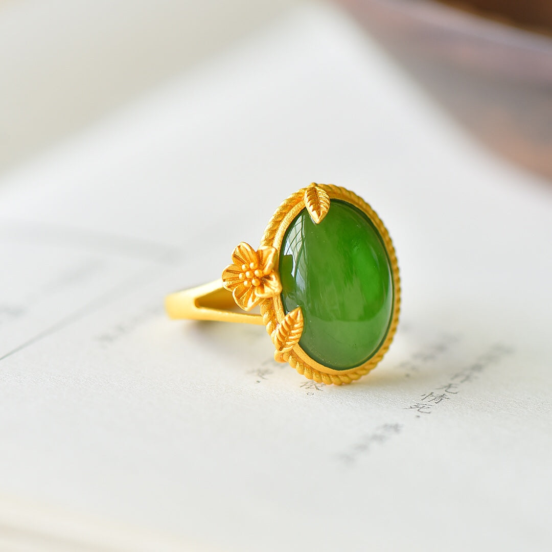 S925 Sterling Silver Nephrite Green Jade Cabochon Ring - Minimalist