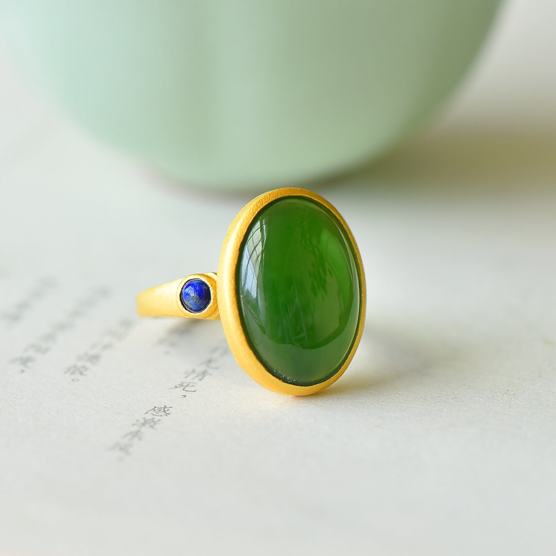 S925 Sterling Silver Nephrite Green Jade Cabochon Frosted Gold Ring