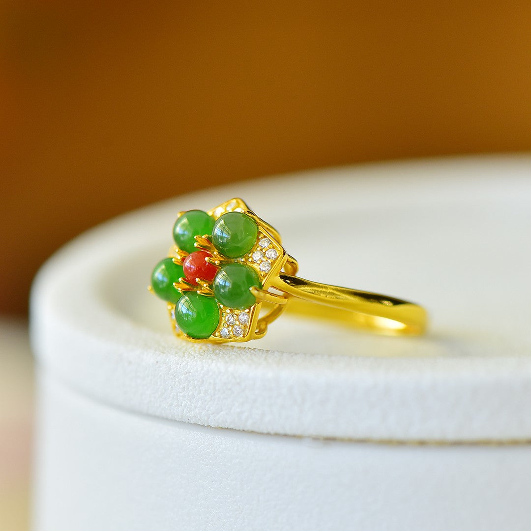 S925 Sterling Silver Nephrite Green Jade Five-Petal Flower Ring