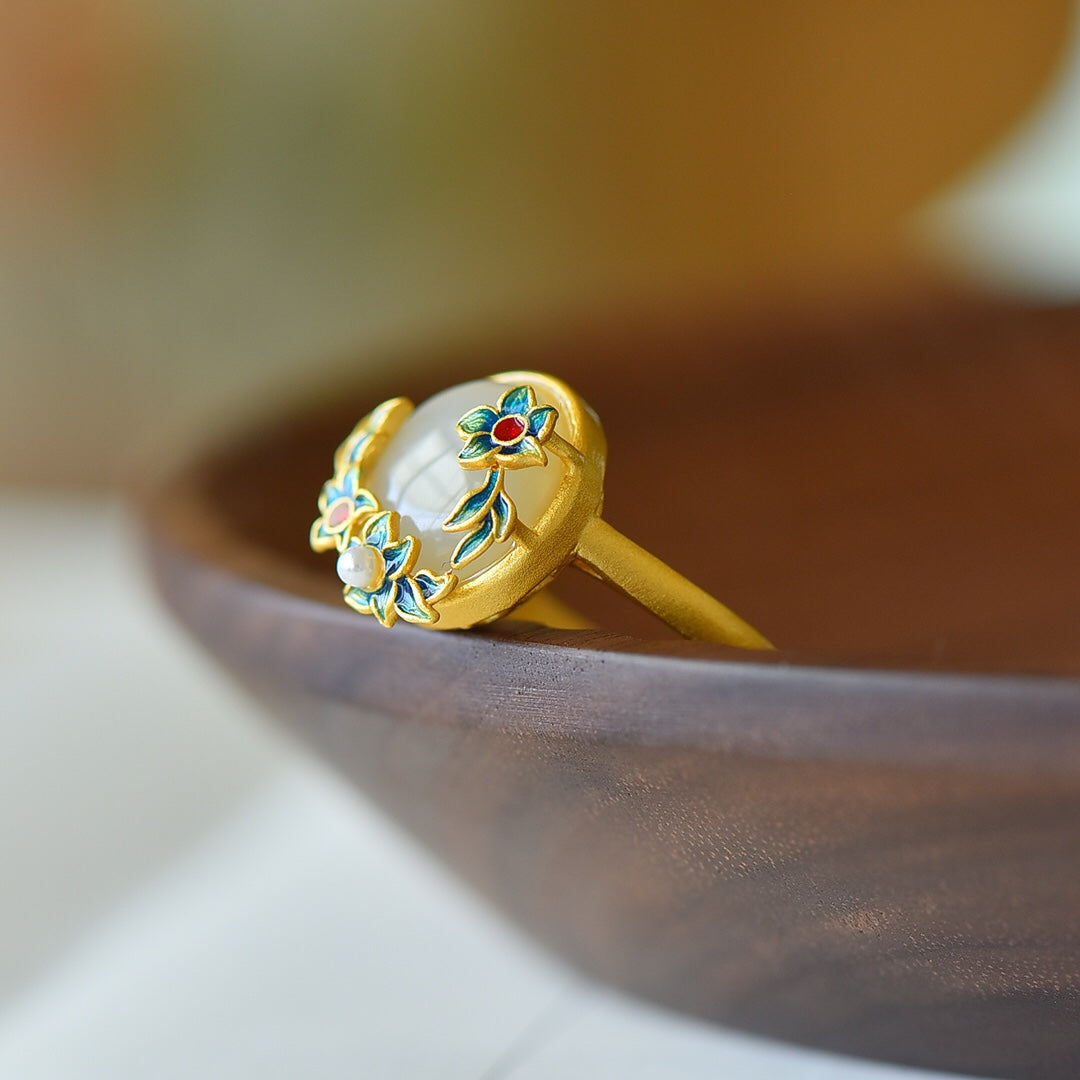 S925 Silver Enamel Nephrite Jade Ring - Modern Fashion Jewelry