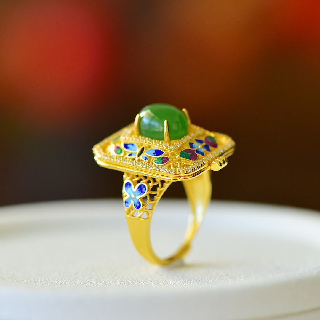 S925 Silver Nephrite Green Jade Filigree Hollow-out Sachet Ring