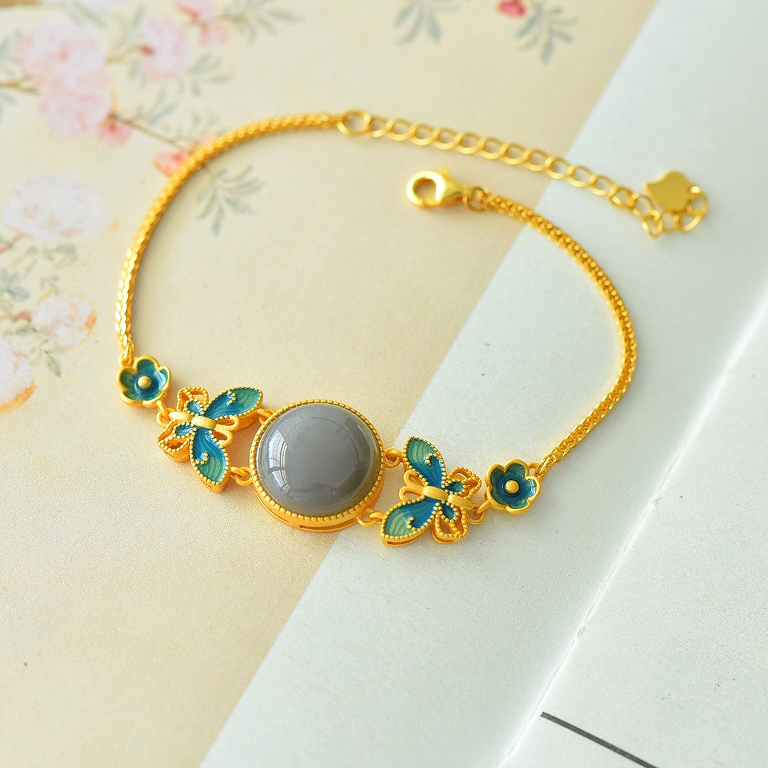 S925 Sterling Silver Smoky Jade Bangle - Butterfly Love Enamel Design