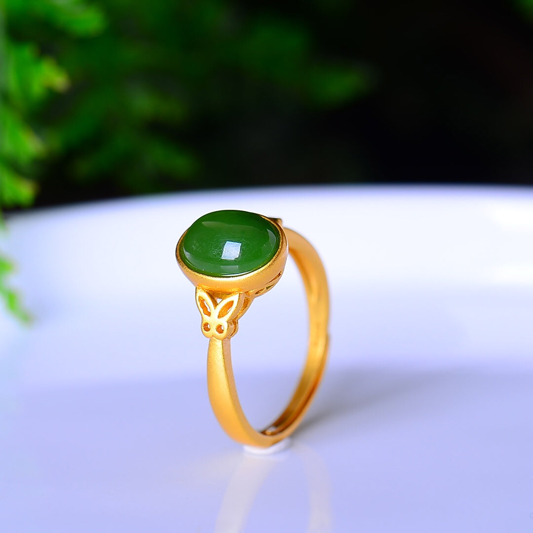 S925 Silver Enamel Nephrite Jade Cabochon Ring - Ancient Method Gold