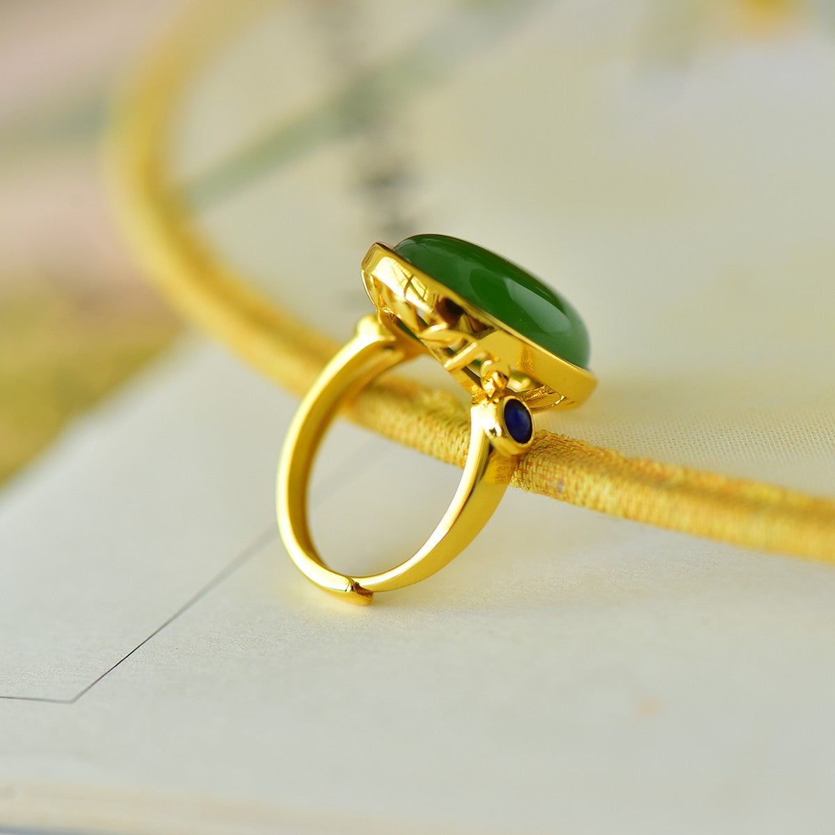 S925 Sterling Silver Nephrite Green Jade Simple Cabochon Ring