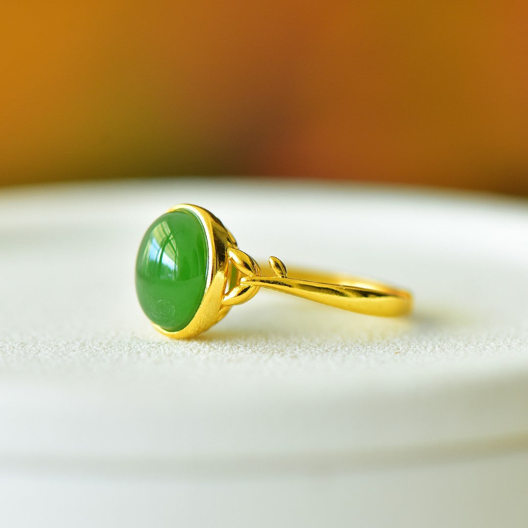 S925 Silver Nephrite Green Jade Success Ring - Elegant Design