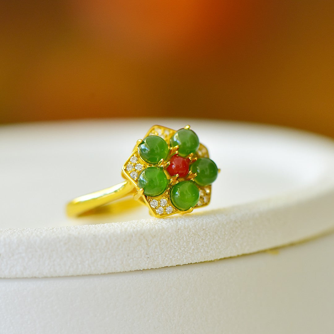 S925 Sterling Silver Nephrite Green Jade Five-Petal Flower Ring