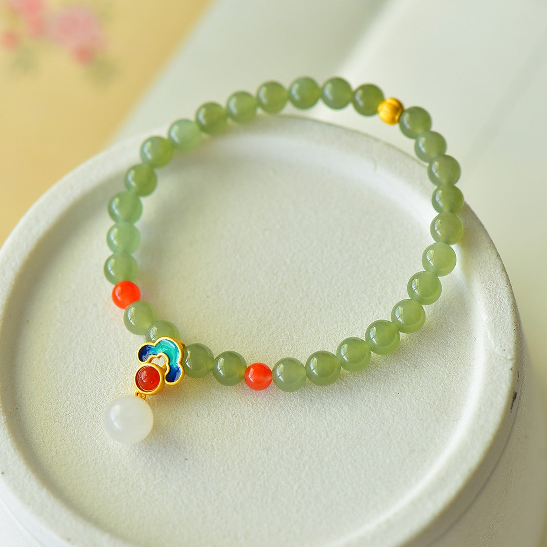 S925 Sterling Silver Nephrite Jade Bangle - Autumn Chrysanthemum Style