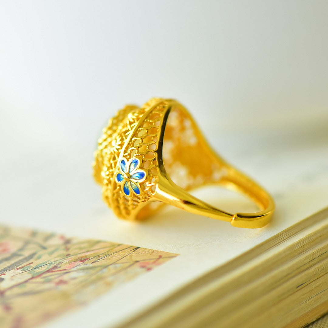 S925 Silver Enamel Nephrite Jade Flower Blossom Ring - Elegant Style
