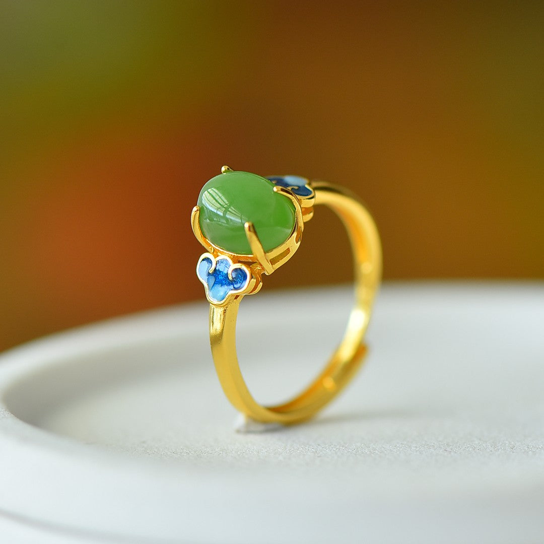 S925 Silver Nephrite Green Jade Cabochon Ring - Elegant Style
