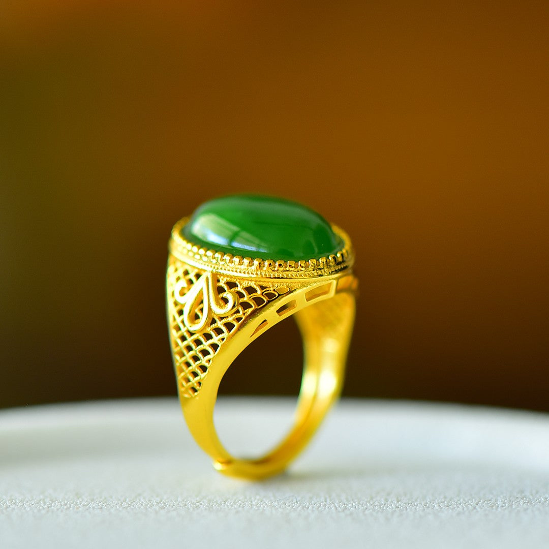 S925 Sterling Silver Nephrite Green Jade Love at First Sight Ring