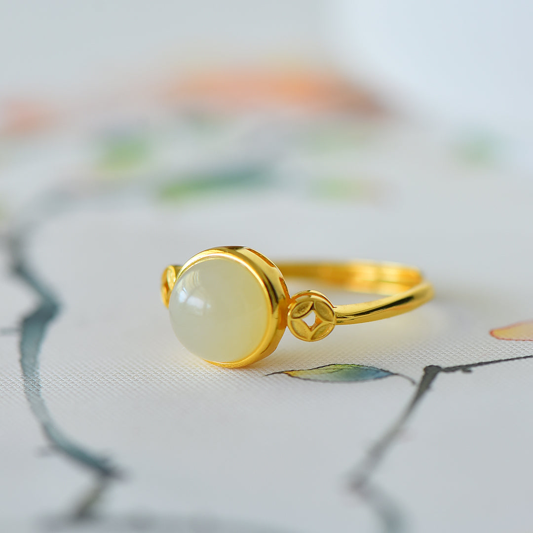 S925 Sterling Silver Nephrite Jade Prosperity Ring - Success Motif