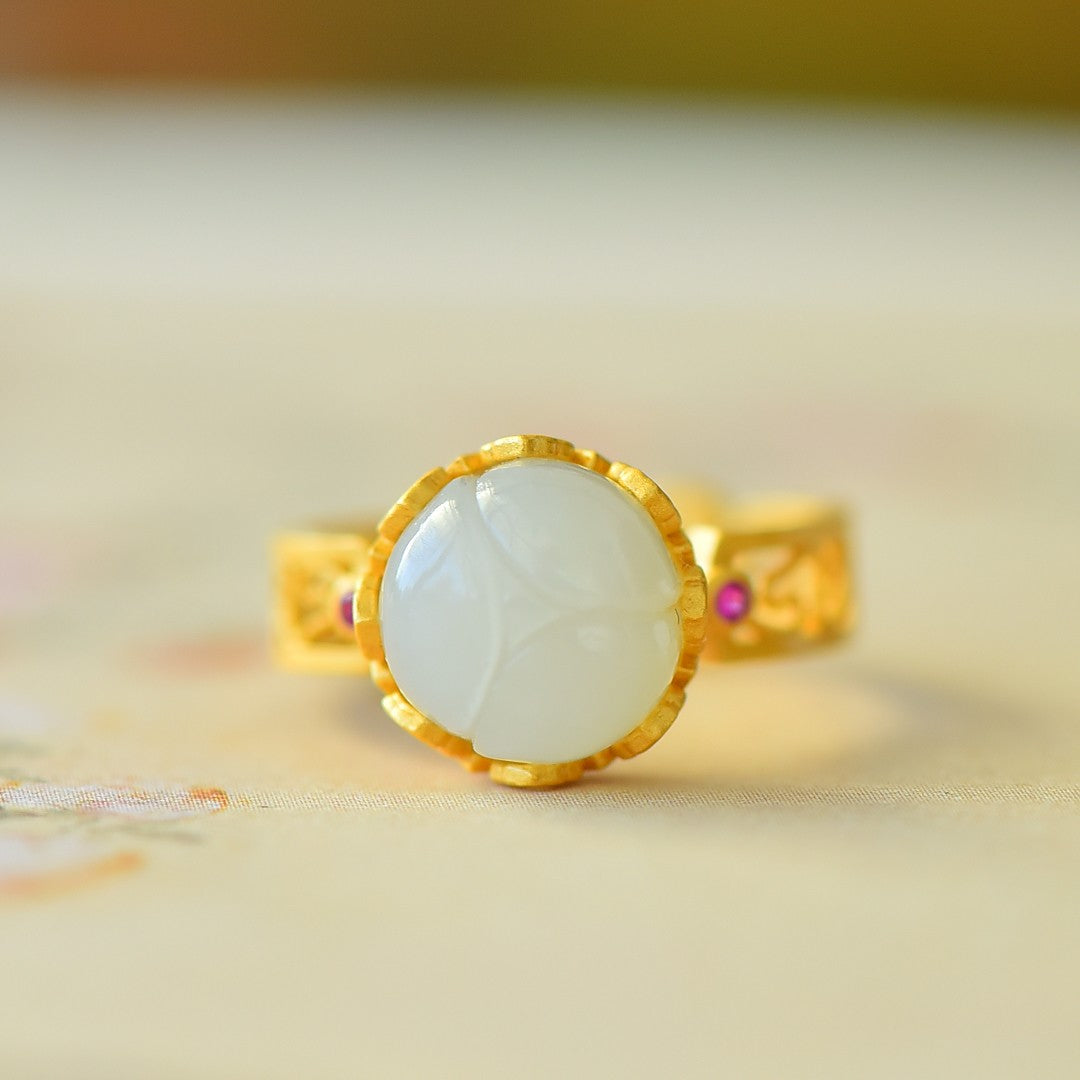 S925 Sterling Silver Nephrite Jade Lotus Bud Ring - Elegant Simple