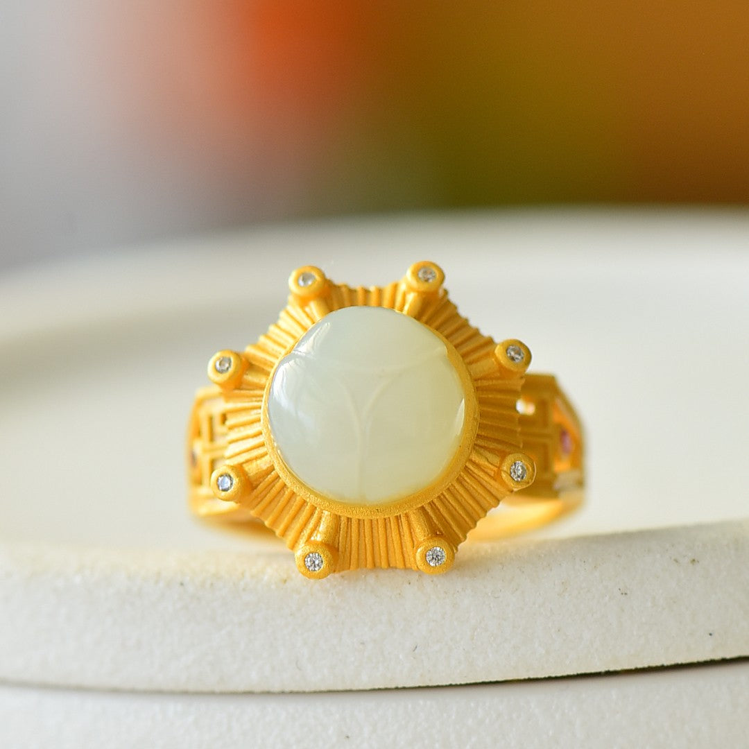 S925 Sterling Silver Nephrite Jade Moonlight Pavilion Design Ring