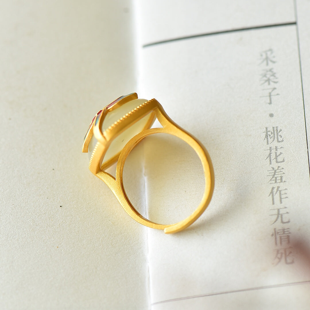 S925 Silver Enamel Nephrite Jade Lotus Luck Ring - Artisan Design