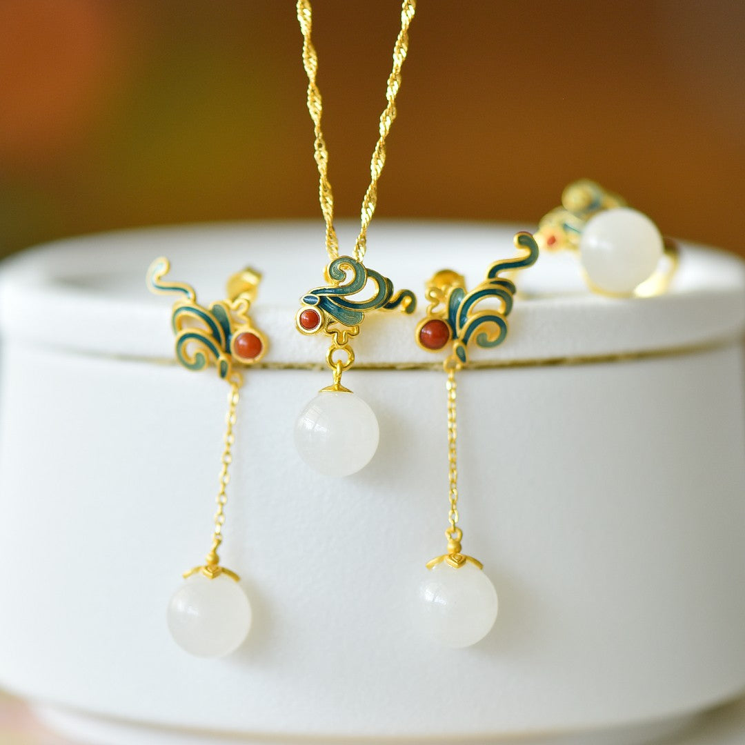 S925 Silver Enamel Nephrite Jade Fullness Jewelry Set - Elegant Collection