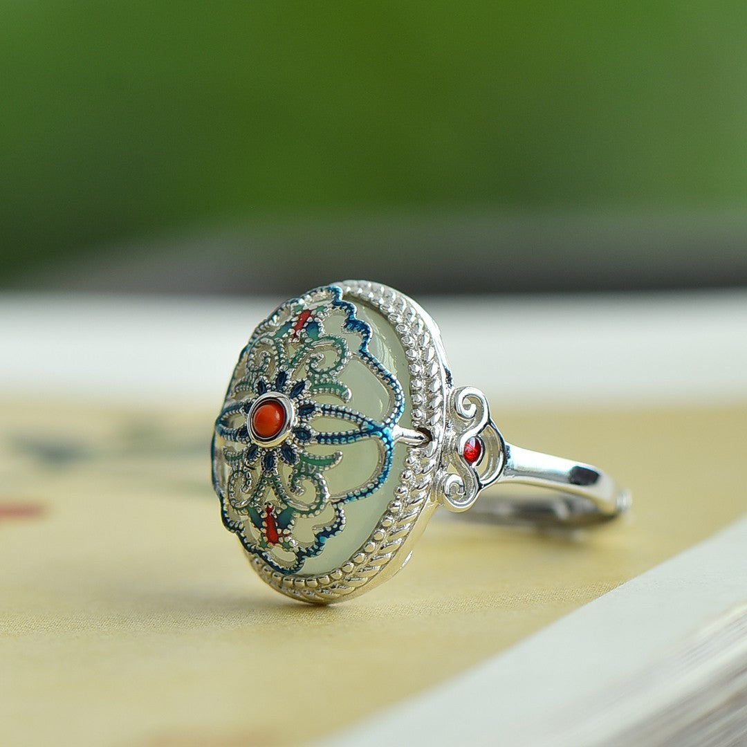 S925 Sterling Silver Enamel Nephrite Jade Prosperity Ring - Classical Style