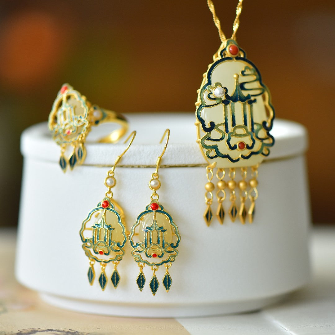 S925 Sterling Silver Enamel Nephrite Jade Tassel Jewelry Set