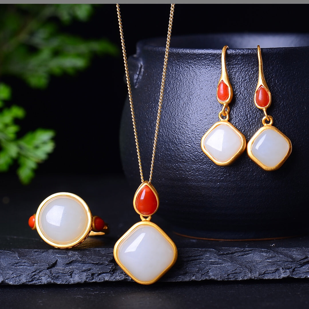 S925 Sterling Silver Nephrite Jade Luxury Jewelry Set - Collection Style
