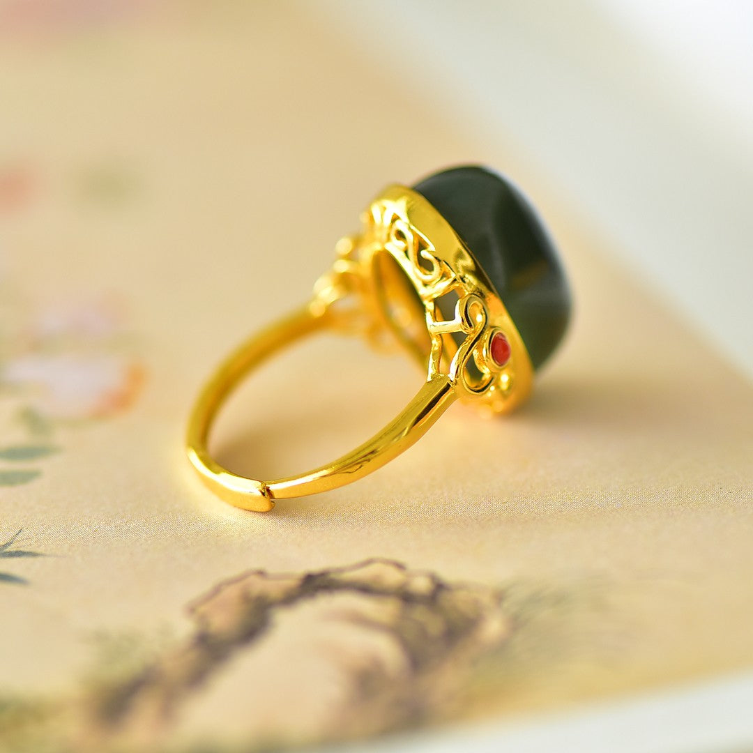 S925 Silver Nephrite Jade Auspicious Cloud Ruyi Ring - Elegant Style