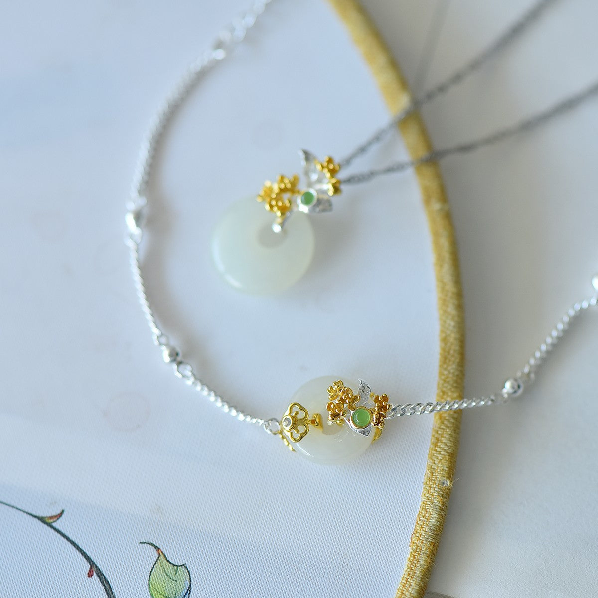 S925 Sterling Silver Nephrite Jade Flower Goddess August Osmanthus Jewelry Set