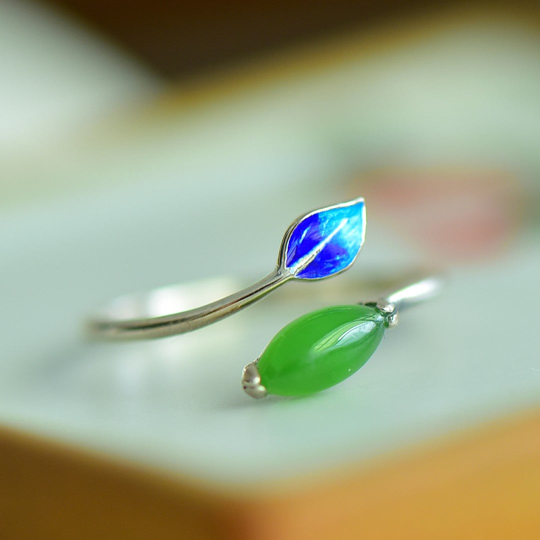 S925 Sterling Silver Enamel Nephrite Green Jade Marquise Ring