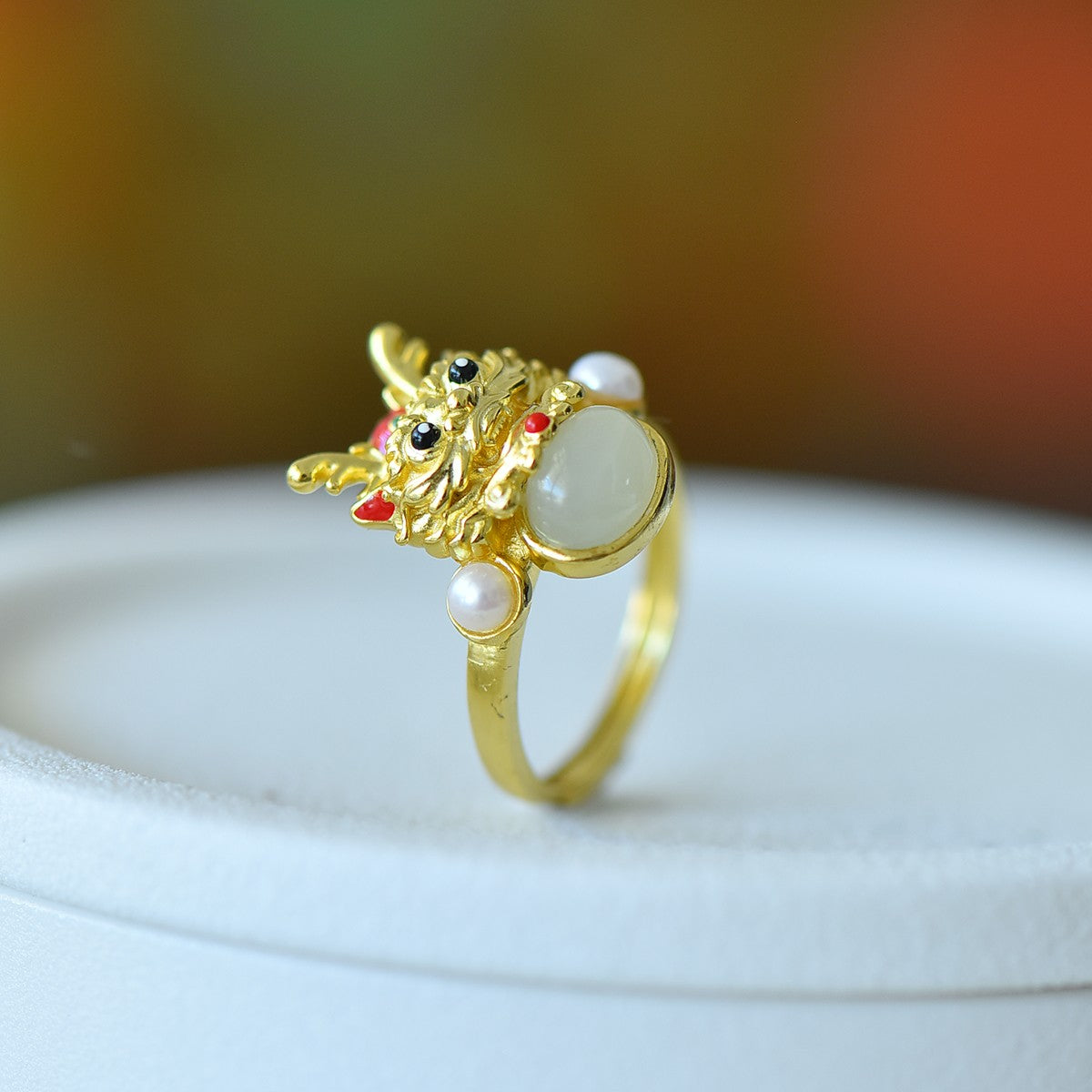 S925 Sterling Silver Nephrite Jade Dragon Cabochon Ring - Unique Style