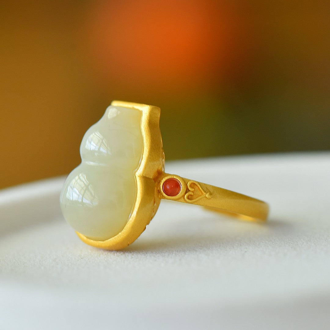 S925 Silver Nephrite White Jade Gourd Hulu Ring - Elegant Simple