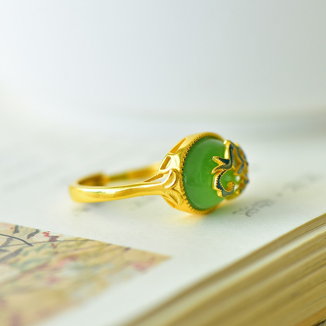 S925 Silver Nephrite Green Jade Orchid Ring - Noble Blossom Design