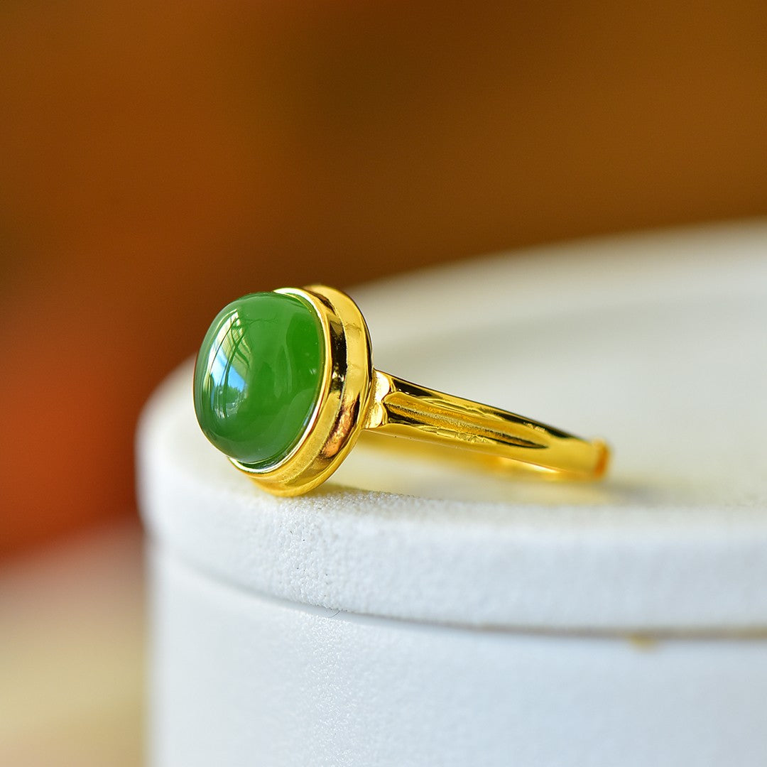S925 Silver Enamel Nephrite Jade Cabochon Ring - Simple Style