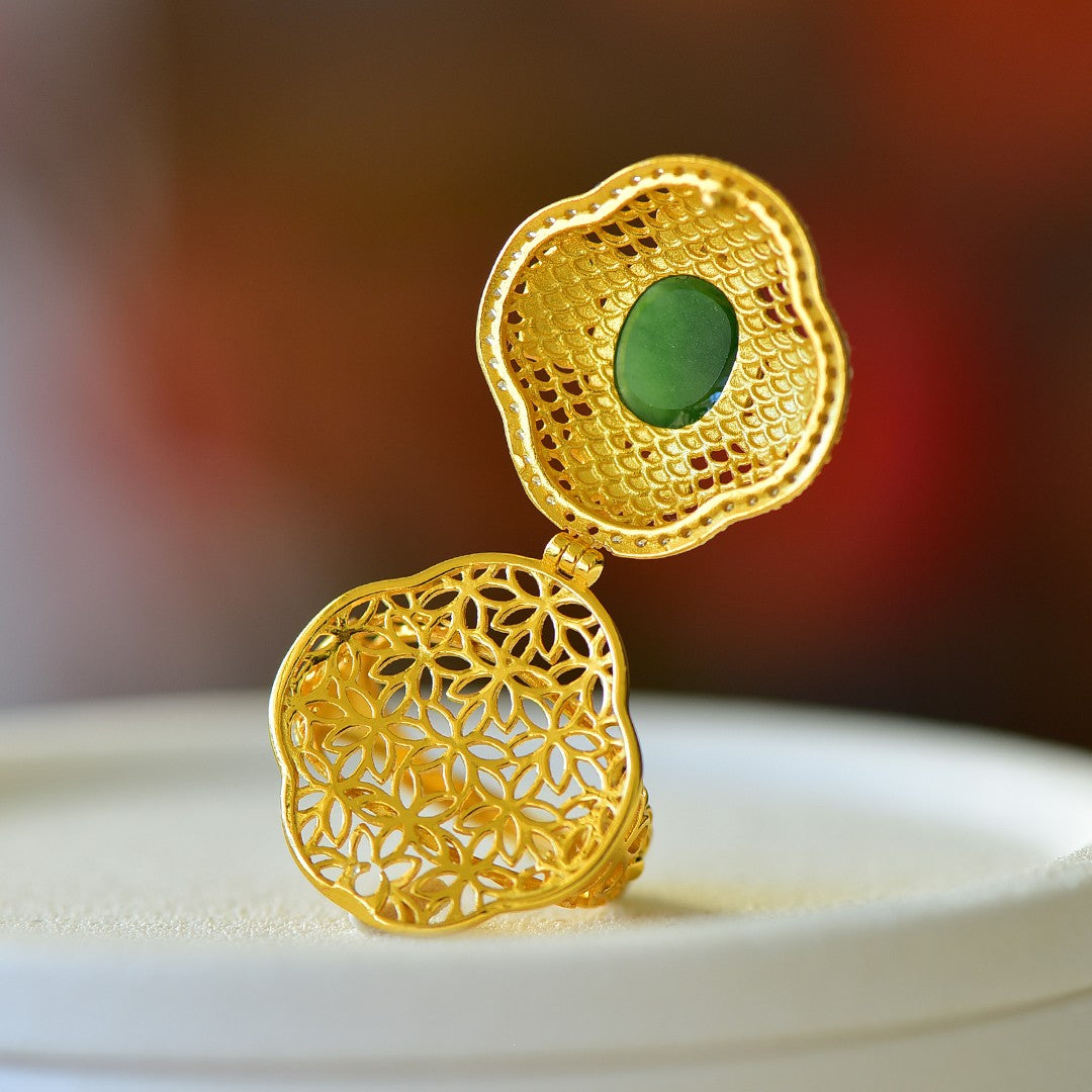 S925 Silver Nephrite Green Jade Butterfly Filigree Hollow-out Ring