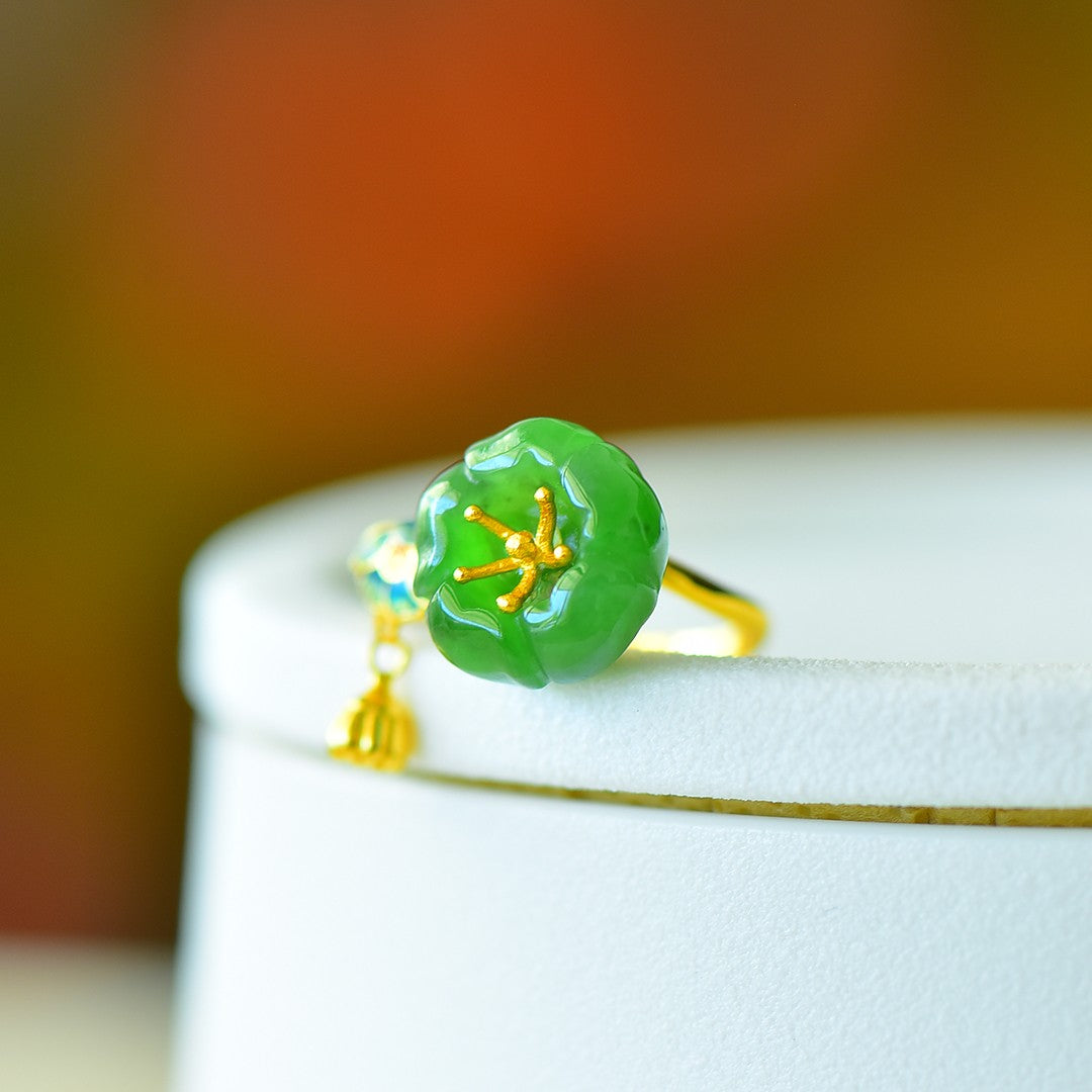 S925 Silver Nephrite Green Jade Lotus & Pod Ring - Artisan Crafted