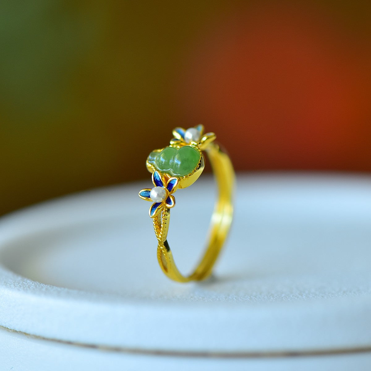 S925 Silver Nephrite Jade Gourd & Orchid Ring - Unique Design