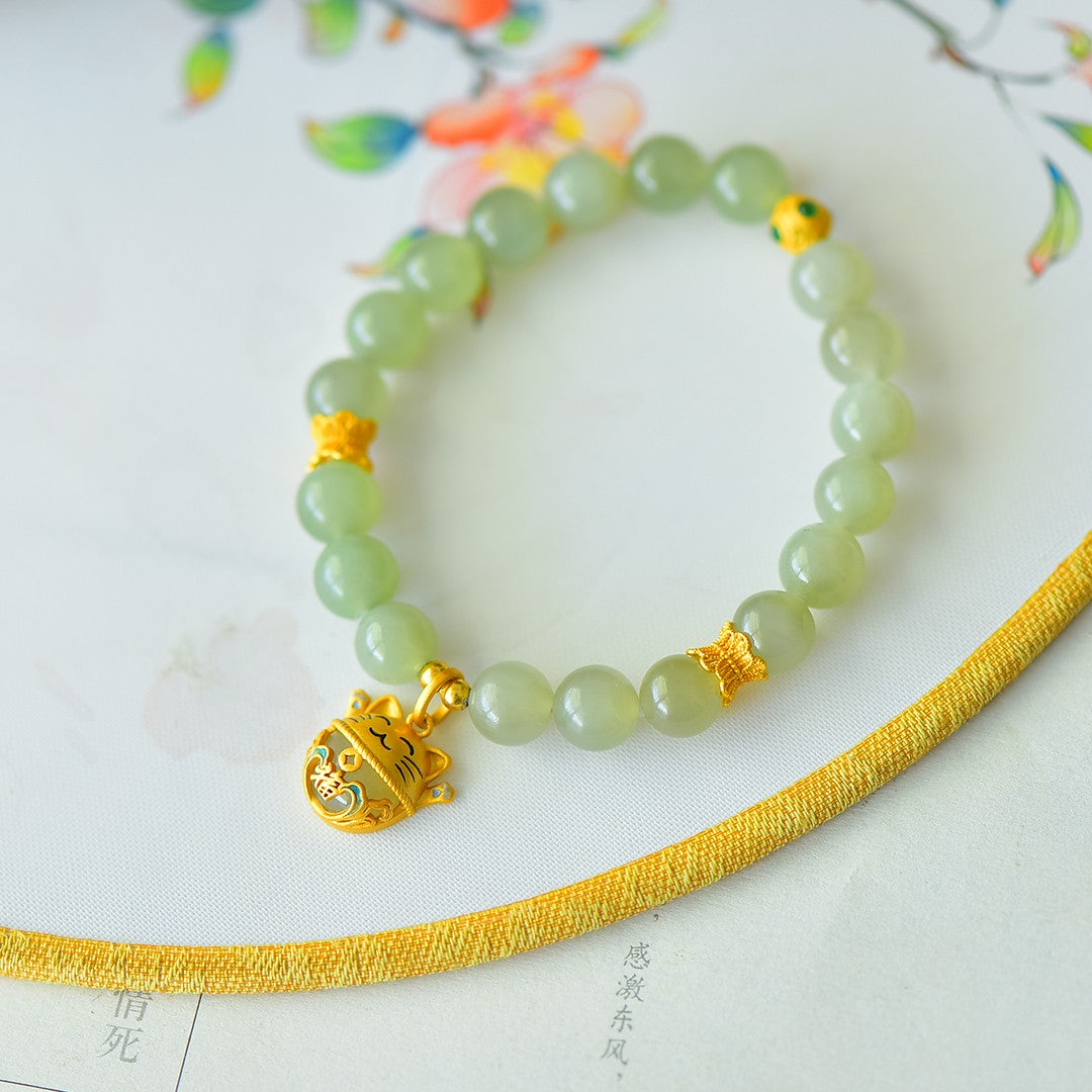 S925 Sterling Silver Nephrite Jade Bangle - Jade Rabbit & Moon Design