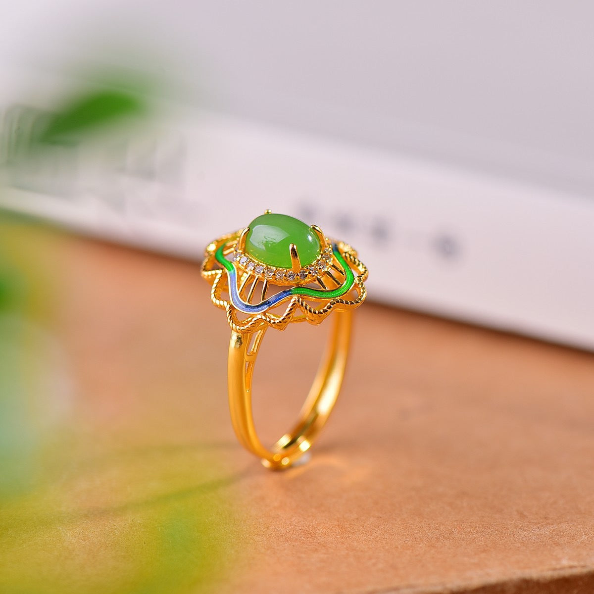 S925 Sterling Silver Nephrite Jade Filigree Cabochon Ring
