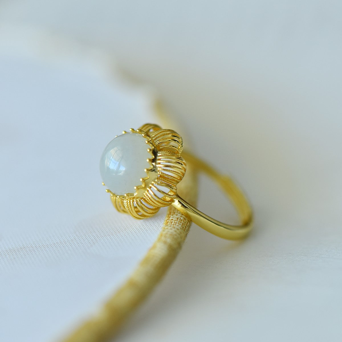 S925 Silver Nephrite Jade Hollow-out Round Drum Ring - Artisan Design