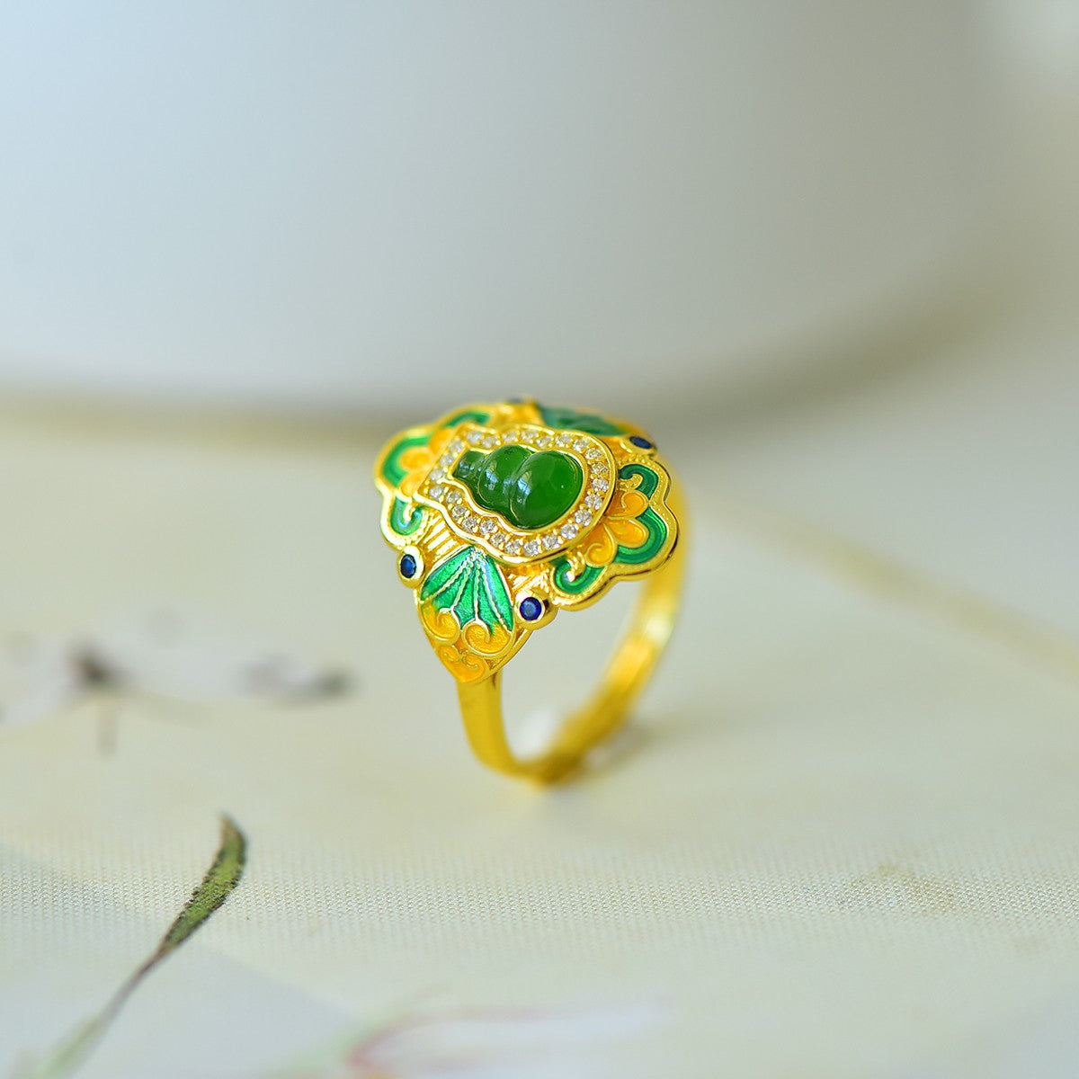 S925 Sterling Silver Nephrite Jade Full of Luck Gourd Ring