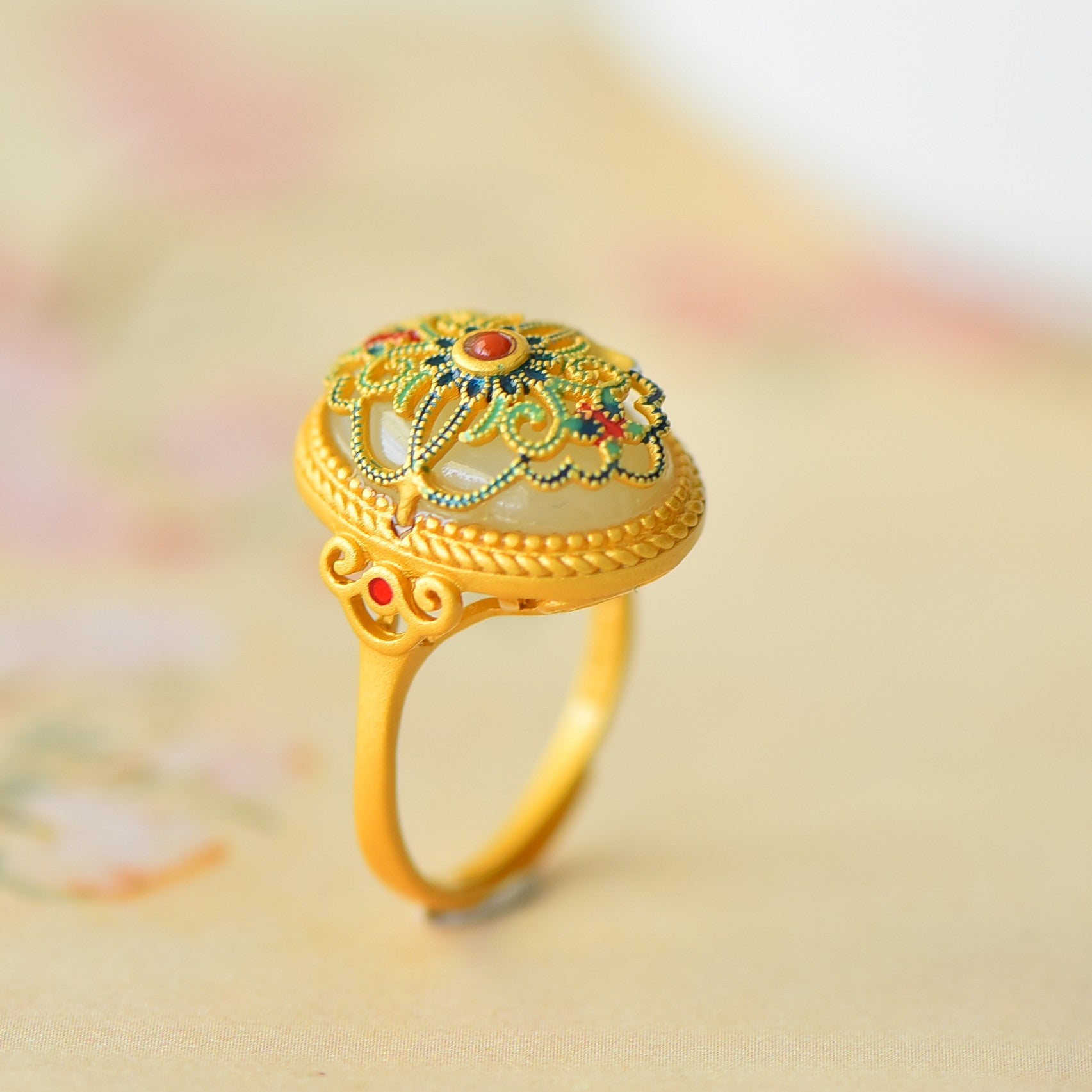 S925 Silver Enamel Nephrite Jade Prosperity Ring - Elegant Style