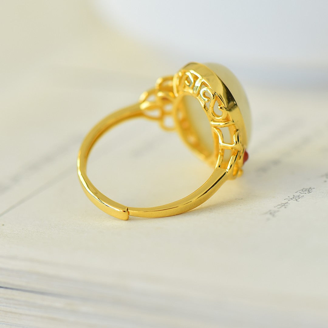 S925 Silver Nephrite Jade Ruyi Cabochon Ring - Elegant Style