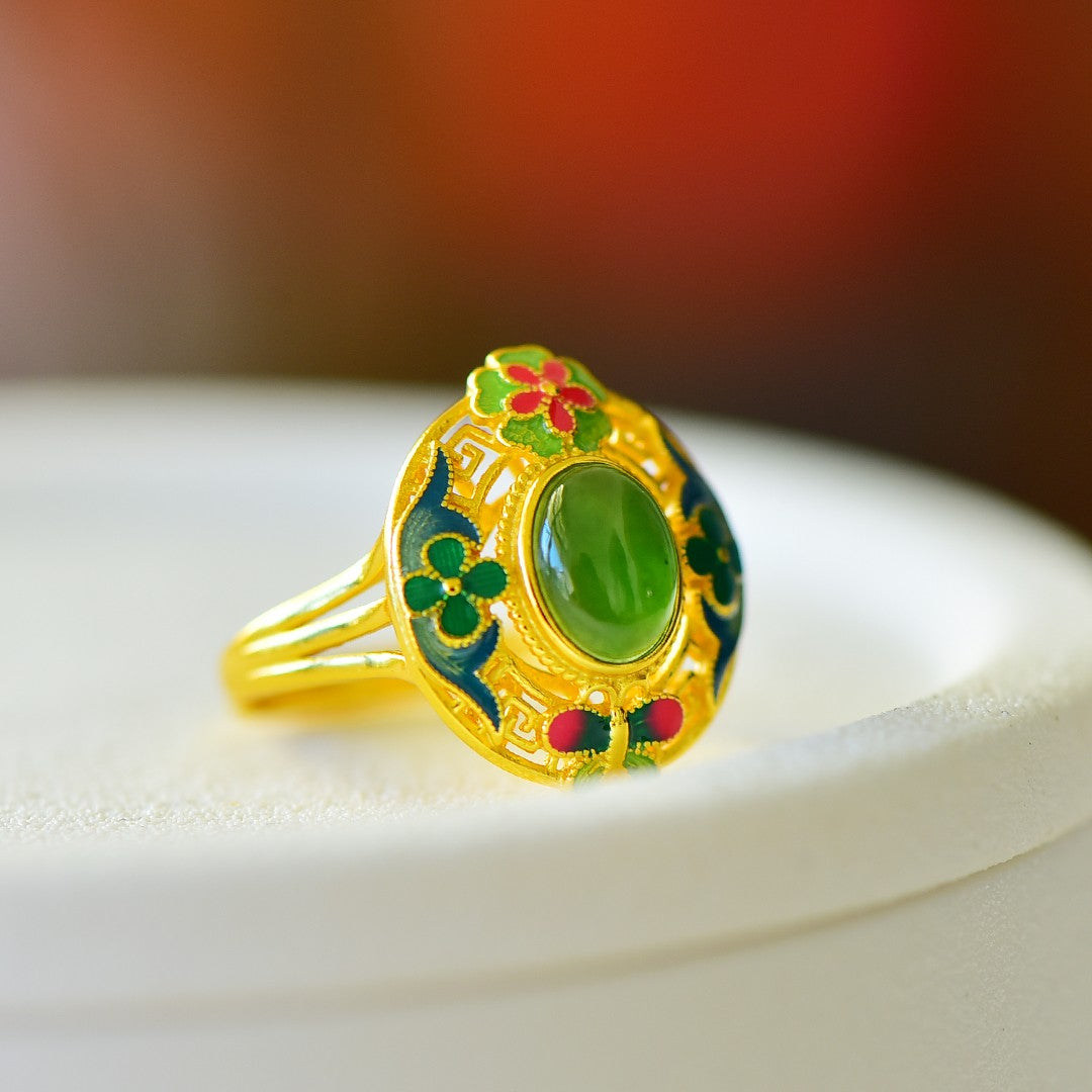 S925 Sterling Silver Enamel Nephrite Green Jade Butterfly & Flower Ring