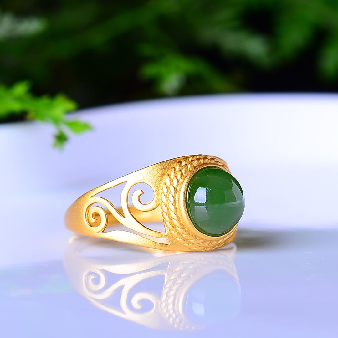 S925 Silver Nephrite Green Jade Frosted Cabochon Ring - Elegant Style