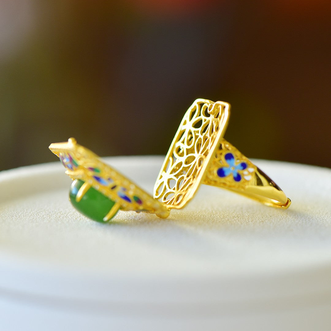 S925 Silver Nephrite Green Jade Filigree Hollow-out Sachet Ring
