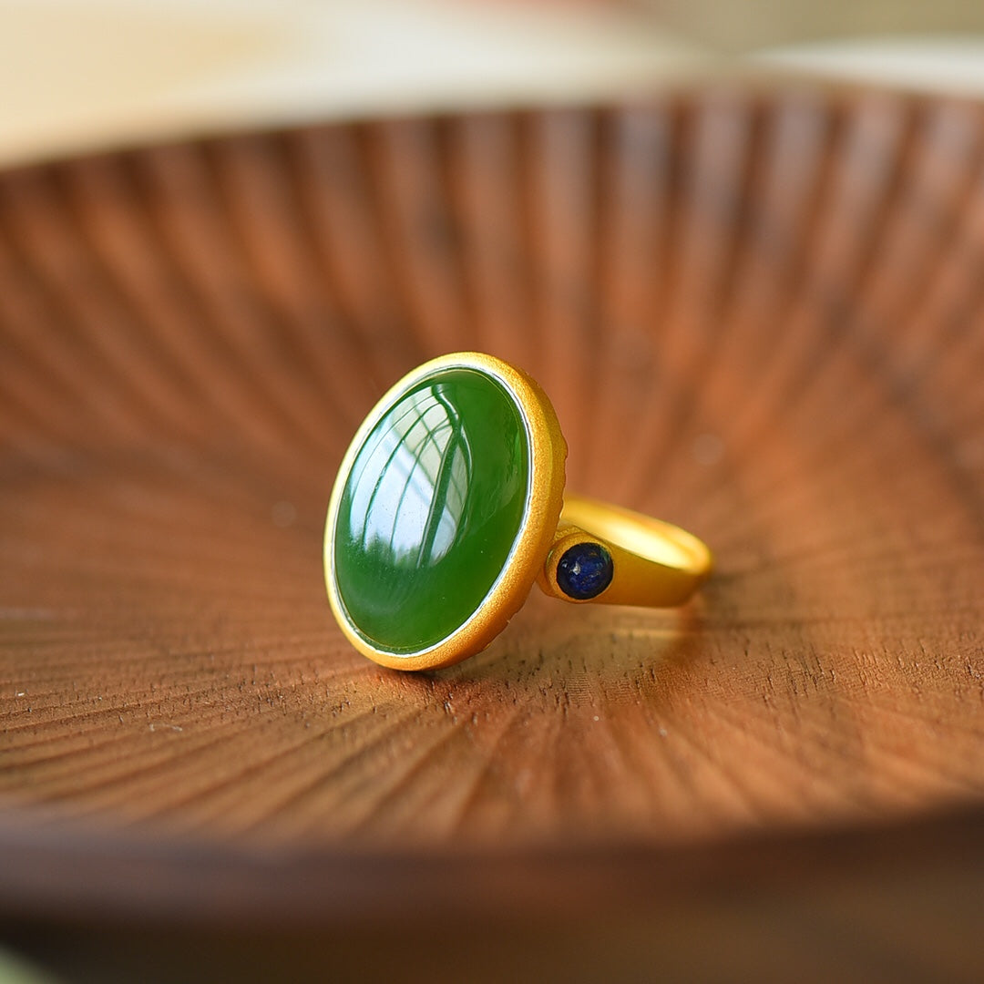 S925 Sterling Silver Nephrite Green Jade Cabochon Frosted Gold Ring