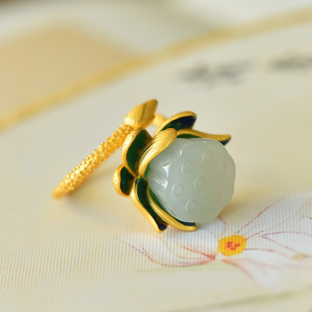 S925 Silver Nephrite Jade Lotus Pod Ring - Elegant Style