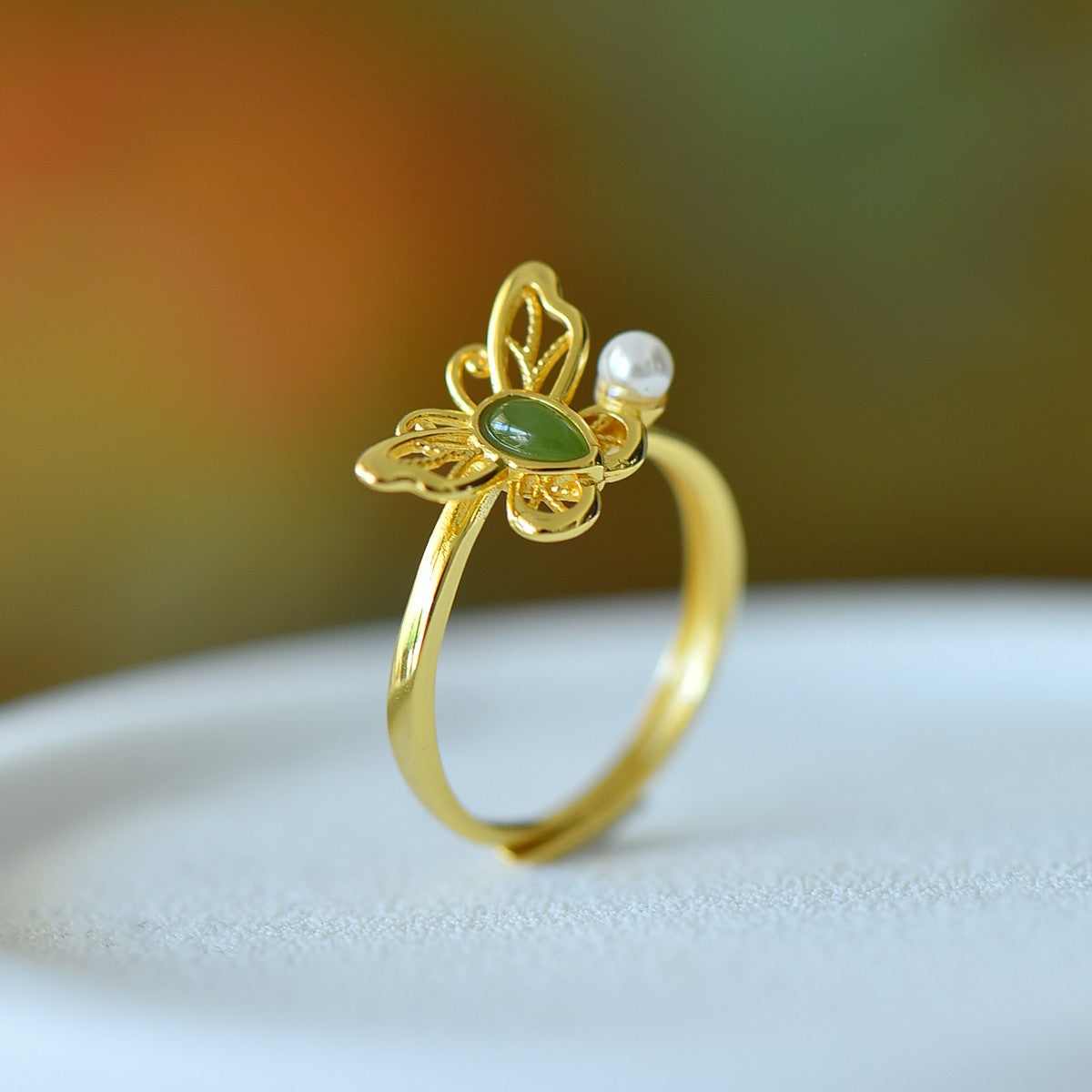 S925 Sterling Silver Nephrite Jade Butterfly Water-drop Ring