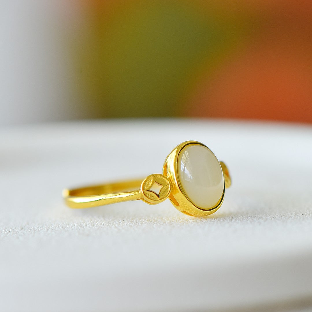 S925 Sterling Silver Nephrite Jade Prosperity Ring - Elegant Luck Jewelry