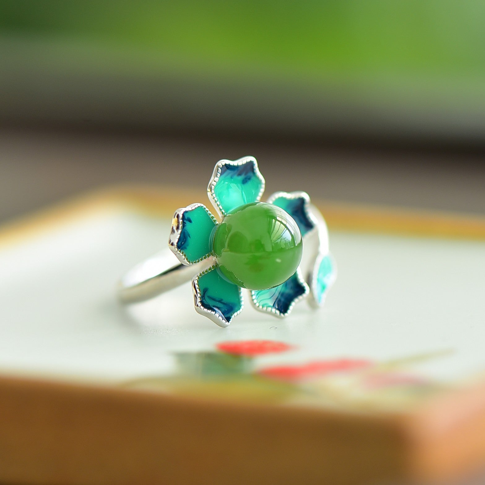 S925 Sterling Silver Nephrite Green Jade Lotus Enamel Ring