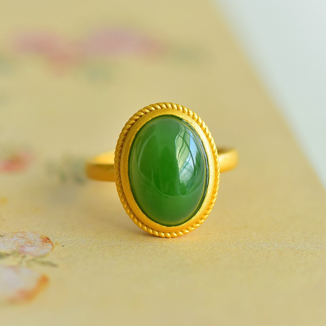 S925 Silver Nephrite Jade Ruyi Frosted Gold Ring - Artisan Design