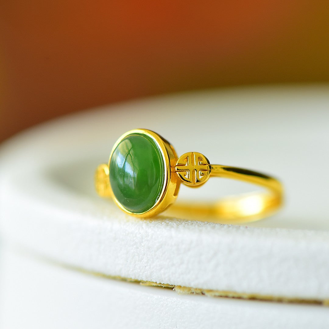 S925 Silver Nephrite Green Jade Cabochon Ring - Prosperity Design