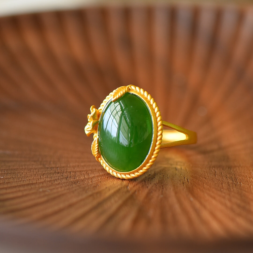 S925 Sterling Silver Nephrite Green Jade Cabochon Ring - Minimalist
