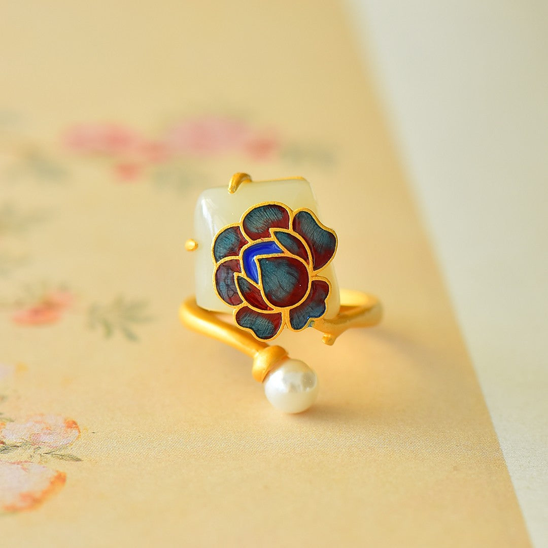 S925 Sterling Silver Enamel Nephrite Jade Peony Flower Ring